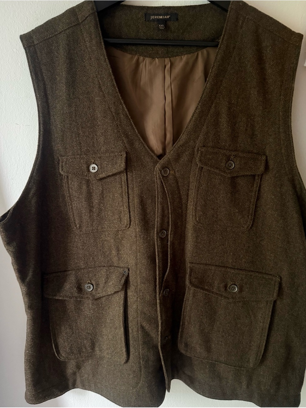 Jeremiah 100% Wool Safari Utility Vest Brown Cargo Pocket Heritage Vest XXL NWOT